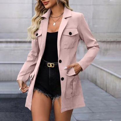 Womens Fall Jacket Women Notched Lapel Trench Coat Single Breasted Jacket Long Sleeve Casual Fall Winter Outerwear With Multi Pockets Pink Medium