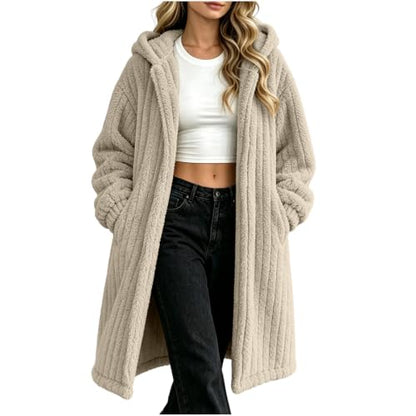 Generic Veste Polaire Femme, Women Warm Open Front Hooded Sherpa Jacket