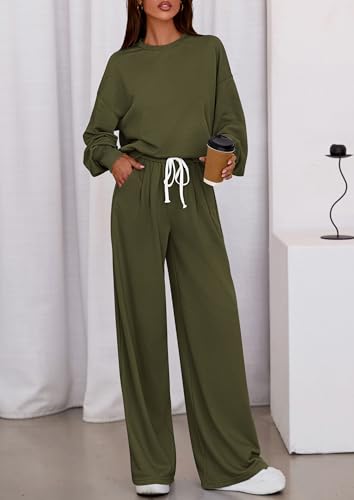 PRETTYGARDEN Womens Loose Fit Casual 2 Piece Lounge Set(Army Green,S)