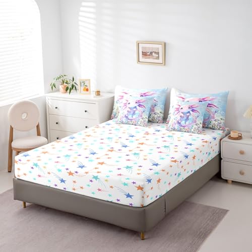 Feelyou Boys Girls Cute Axolotl Comforter Set with Sheets Twin Size, Ocean Sealife 7 Pieces Bedding Sets Kids Kawaii Bed in A Bag Cartoon Salamander Bed Set