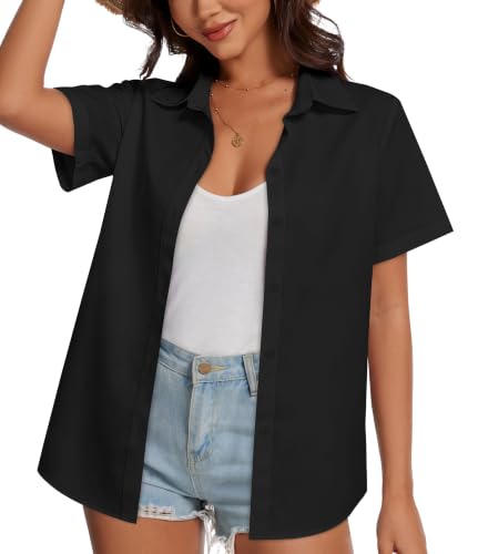 CHICALLURE Womens Hawaiian Shirts Short Sleeve Summer Tops,A Black,L