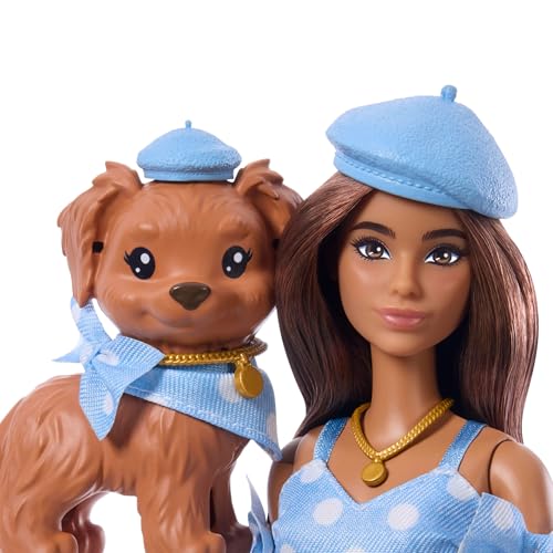 Barbie Twinning Looks Doll and Pet Dog in Matching Outfit and Accessories