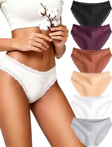READY TO LOVE Underwear Womens Breathable Cotton Cheeky Bikini Panties Lace Lingerie for Women 6 Pack