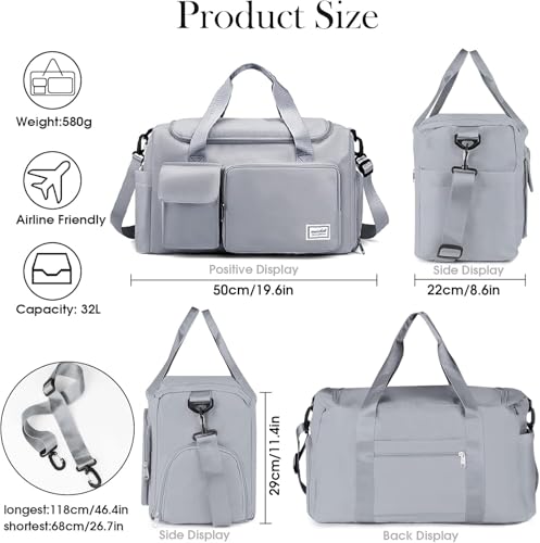 Gym Bag for Women Men, Sports Duffel Bag with Shoes Compartment, Waterproof Travel Duffle Bag with Dry Wet Separated Pocket, Overnight Carry Luggage Bag for Weekender, Sports, Gym, Travel (Grey)