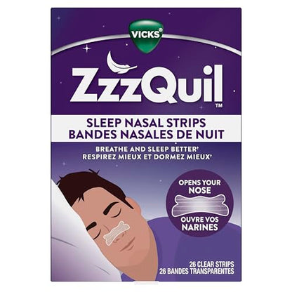 Vicks ZzzQuil Nasal Strips, Clear Nasal Strips, Relieves Nighttime Nasal Congestion, Contoured, Reduces Nasal Congestion For Less Snoring and Better Sleep, 26 Count
