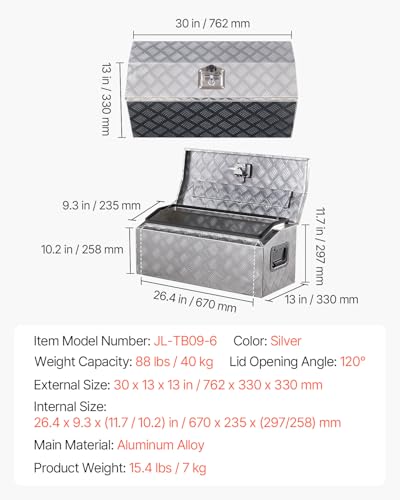 VEVOR Heavy Duty Aluminum Truck Bed Tool Box, Stripes Plated Tool Box with Side Handle and T-Lock Keys, Storage Toolbox Chest Organizer for Trailer, Pickup, Truck Bed, RV, 30"x13"x13", Silver