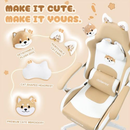 Dowinx Cat Ear Gaming Chair for Adults, Ergonomic Computer Chair with Massage Lumbar Support, Reclining Gamer Chair with Footrest and Headrest, 290 lbs
