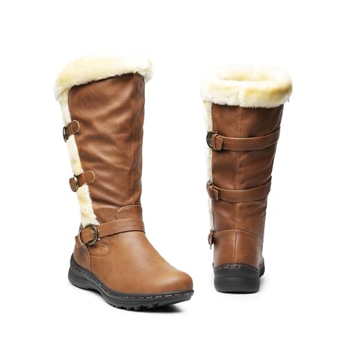 DREAM PAIRS Women Knee High Fully Fur Lined Boots,Camel/Pu,9