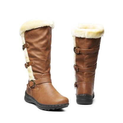 DREAM PAIRS Women Knee High Fully Fur Lined Boots,Camel/Pu,9
