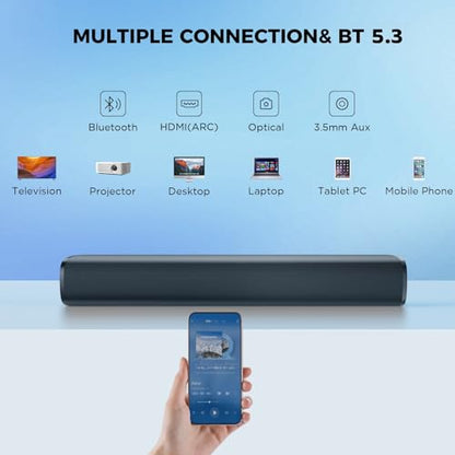 MZEIBO 50W Mini TV Soundbar, Bluetooth Speaker with ARC, Optical and AUX Input, Compact Home Theater Surround Sound Bar for TV, PC and Projector