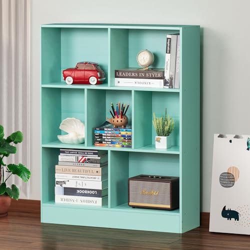 LEYAOYAO 7 Cube Bookshelf with Base,3 Tier Mid-Century Modern Bookcase,Standing Wide Bookshelves Storage Organizer Shelf,Rustic Wood Display Cabinet Book Shelves for Bedroom,Living Room,Office,Green