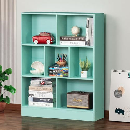 LEYAOYAO 7 Cube Bookshelf with Base,3 Tier Mid-Century Modern Bookcase,Standing Wide Bookshelves Storage Organizer Shelf,Rustic Wood Display Cabinet Book Shelves for Bedroom,Living Room,Office,Green