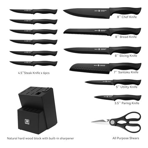 15-Piece Kitchen Knife Block Set with Built-in Sharpener, Upgraded Non-Stick Coating Blades, Ergonomic Handles, Dishwasher Safe