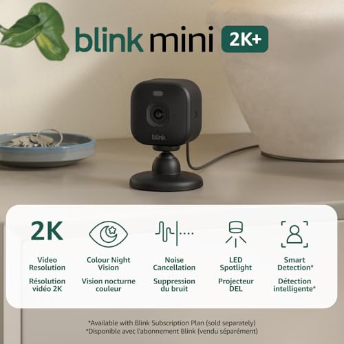 Blink Mini 2K+ (newest model) – Plug-in Home & Pet Security Camera with 2K video resolution, colour night vision, enhanced audio, motion detection – 1 camera (Black)