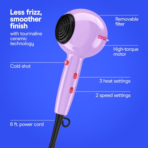 Conair Cake Pop Blowout Kit, Hair Dryer with Diffuser & Concentrator, Round Brush, 3 Claw Clips, Blow Dryer for Women, Tourmaline Ceramic Technology, 3 Heat/2 Speeds, Lilac, 505AMZ