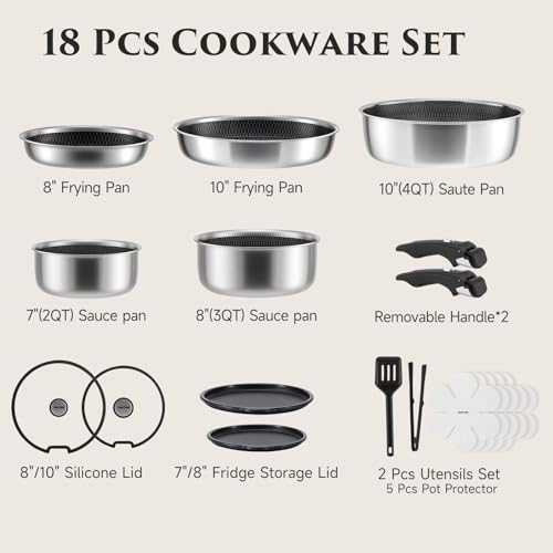 JEETEE Hybrid Stainless Steel Titanium Cookware Set with Detachable Handles | 18 Pcs Pots and Pan Set with Removable Handle, Induction Kitchen Cookware Set for RV Camping, Oven & Dishwasher Safe