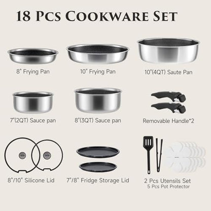 JEETEE Hybrid Stainless Steel Titanium Cookware Set with Detachable Handles | 18 Pcs Pots and Pan Set with Removable Handle, Induction Kitchen Cookware Set for RV Camping, Oven & Dishwasher Safe