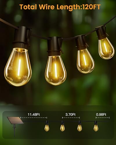 Solar String Lights Outdoor, 120FT 30+2 Shatterproof S14 LED Bulbs, Waterproof, USB Rechargeable, 2200K Warm White, Energy-Saving Hanging Patio Lights for Garden, Porch, Bistro, Deck, Market