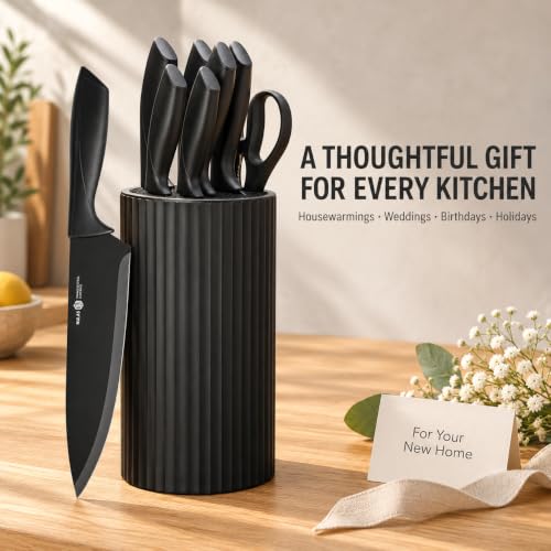 NULAS Knife Set, 8-Piece Kitchen Knife Set with Universal Block - Anti-Rust Chef Knives, Ergonomic Design, Dishwasher Safe