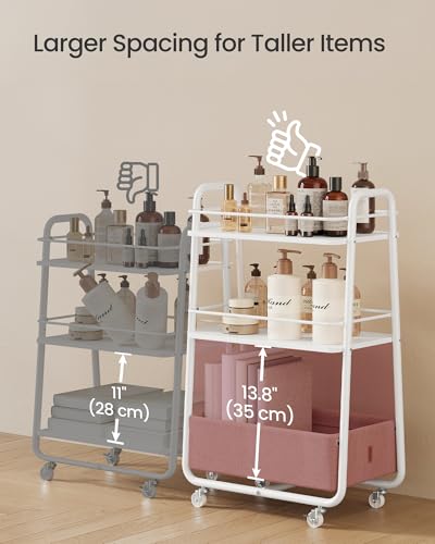 VASAGLE LILEA Collection - Storage Cart with Fabric Basket, 3-Tier Rolling Utility Cart with Wheels and Shelves, for Living Room Bedroom Kitchen, Cloud White and Camel Brown ULRC001WB01