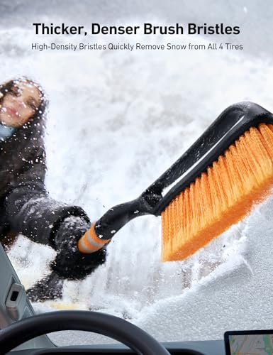 AstroAI 27" Snow Brush & Ice Scraper for Car Windshield Snow Remove, 2 Pack | Orange, Durable Heavy Duty Bristles, Scratch-Free, Detachable, Foam Grip, Winter Accessory for Car, SUV, Truck, Storage Bag