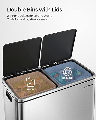 SONGMICS Trash Can, 2 x 8 Gallon Garbage Can for Kitchen, with 15 Trash Bags, 2 Compartments, Plastic Inner Buckets and Hinged Lids, Airtight, Silver and Black ULTB60NL
