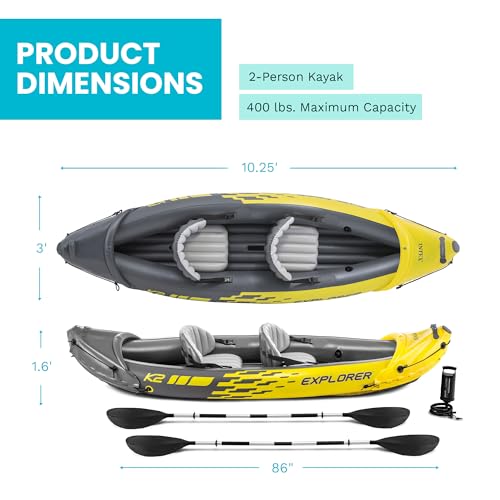 INTEX 68307EP Explorer K2 Inflatable Kayak Set: Includes Deluxe 86in Aluminum Oars and High-Output Pump – SuperStrong PVC – Adjustable Seats with Backrest – 2-Person – 400lb Weight Capacity