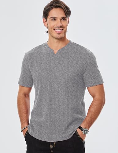 TUREFACE Men's V-Neck Short Sleeve Henley T-Shirts Grey Summer Casual Waffle Textured Pullover Tees