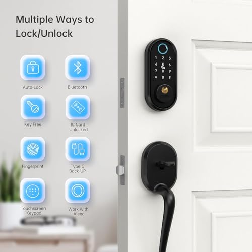 Keyless Entry Door Lock with Handle Set, Firstriver Fingerprint Keypad Smart Deadbolt Lock for Front Door, App Remote Control, Auto-Lock Electronic Door Lock, Matte Black