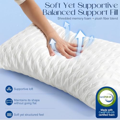 Side Sleeper Pillows for Neck & Shoulder Comfort - Curved Crescent Design, Adjustable Shredded Memory Foam, Cooling & Soft Cover, Extra Fill Included, Queen Size Set of 2