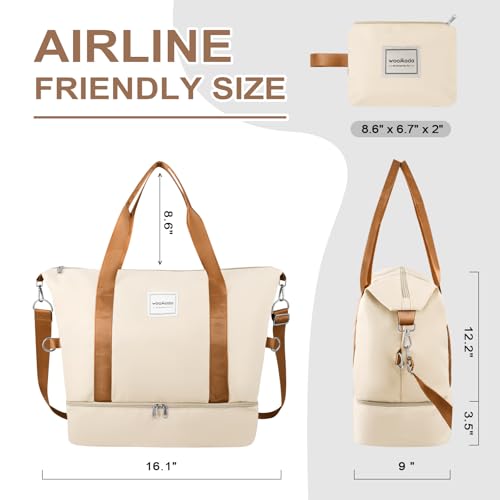 WOOMADA Weekender Bag for Women, Travel Duffel Bags with Shoe Compartment & Wet Pocket, Personal Item Bag for Airlines, Beige&Brown