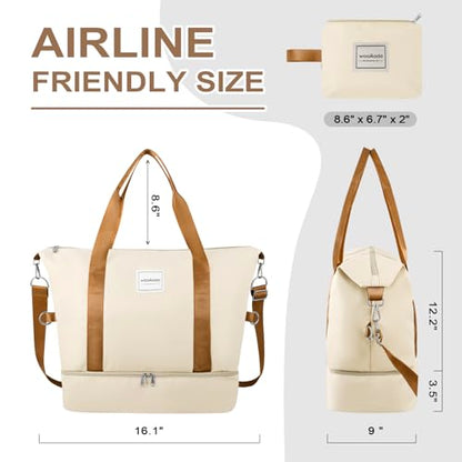 WOOMADA Weekender Bag for Women, Travel Duffel Bags with Shoe Compartment & Wet Pocket, Personal Item Bag for Airlines, Beige&Brown