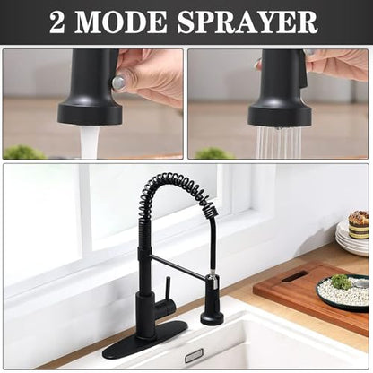 GIFTQOOL Commercial Kitchen Faucet with Pull Down Sprayer, Matte Black Stainless Steel Kitchen Sink Faucets Single Handle Tap 1 Hole Modern RV Faucets