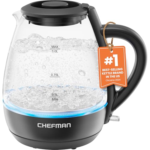 Chefman 1L Electric Tea Kettle with LED Lights, Automatic Shut Off, Removable Lid, Boil-Dry Protection, Hot Water Electric Kettle Water Boiler, Electric Kettles for Boiling Water