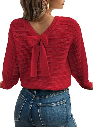 EVALESS Bow Sweaters for Women Pullover Knit Tops Fall Outfits Red S | Back Bow Detail Round Neck Sweater, Cute Long Sleeve Tops, Fall Fashion 2026 Teacher Outfits, Holiday Dressy Casual Wear