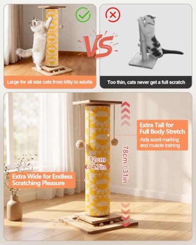 Odoland 31" Tall Cat Scratching Post, Cat Scratcher with Replaceable Pad
