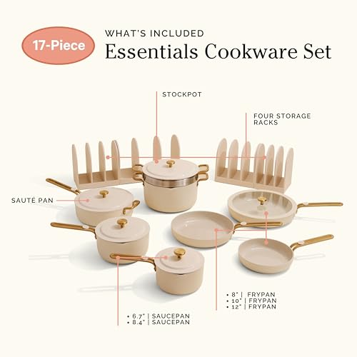 Our Place 17-Piece Essentials Complete Cookware Set - Ceramic Fry Pans, Saucepans, Sauté Pan, Stock Pot, Strainer Basket & Modular Storage | Thermakind™ Nonstick, Oven Safe up to 230°C | Cream