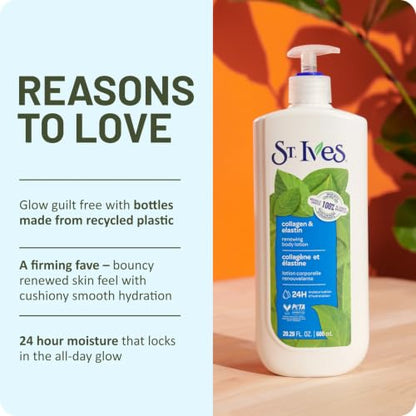 St. Ives Renewing Body Lotion dry skin moisturizer for beautiful, supple skin Collagen Elastin made with 100% naturally sourced moisturizers 600 mL