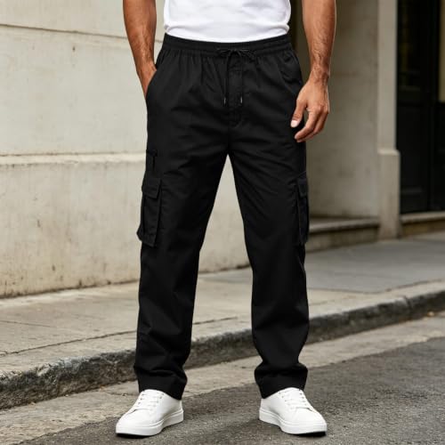 Mens Drawstring Elastic Waist Cargo Pants Straight Leg Casual Pants