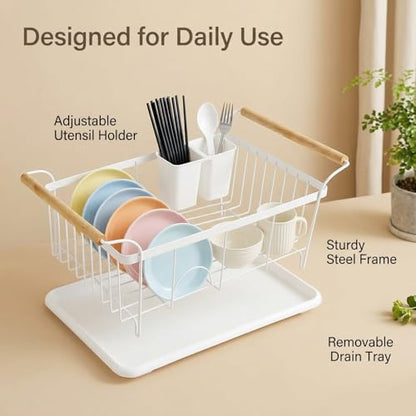 Fvellix Dish Racks for Kitchen Counter, Thickened Metal Dish Drying Rack with Wooden Handles, Kitchen Countertop Organizer for Dishes, Spoons and Forks, No Assembly, White, 16.7''*12.6''*5.12''