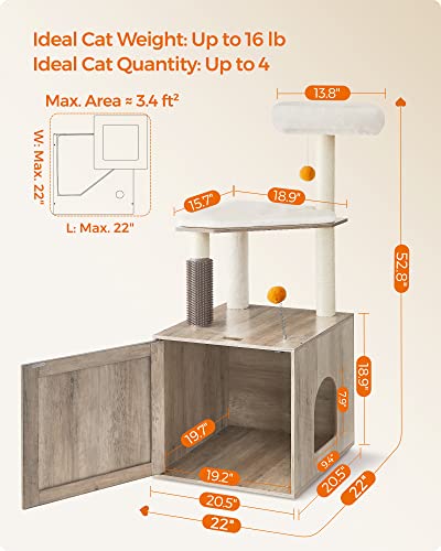 Feandrea Cat Tree with Litter Box Enclosure, 2-in-1 Modern Cat Tower for Indoor Cats, 52.8-Inch Cat Condo with Self Groomer, Scratching Posts, Washable Cushions, Greige UPCT115G01