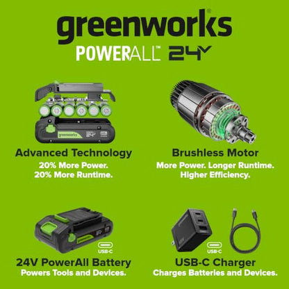 Greenworks 24V Cordless Brushless Combo 400 in-lbs Drill/Driver +1950 in-lbs Impact Driver +6.5" Circular Saw +200LM Flashlight, 2.0Ah + 4.0Ah Batteries (24,000mAh Power Bank) and 65W USB-C Charger