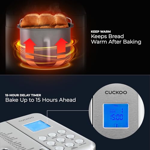 CUCKOO CBM-AAB101S | Multi-Functional Bread Maker | 1 lb., 1.5 lb., & 2 lb. Loaf Options, Crust Color Customization, Auto Fruit & Nut Dispenser, Gluten-Free Option | Stainless Steel