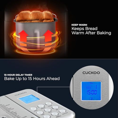 CUCKOO CBM-AAB101S | Multi-Functional Bread Maker | 1 lb., 1.5 lb., & 2 lb. Loaf Options, Crust Color Customization, Auto Fruit & Nut Dispenser, Gluten-Free Option | Stainless Steel