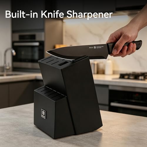 15-Piece Kitchen Knife Block Set with Built-in Sharpener, Upgraded Non-Stick Coating Blades, Ergonomic Handles, Dishwasher Safe