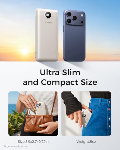 VEGER Portable Charger with Built in Cables&Wall Plug, 10000mAh Power Bank | Ultra Slim USB C Battery Pack 5 Outputs 2 Inputs, LED Display, Flight-Safe Travel Powerbank Compatible with iPhone 18/Samsung