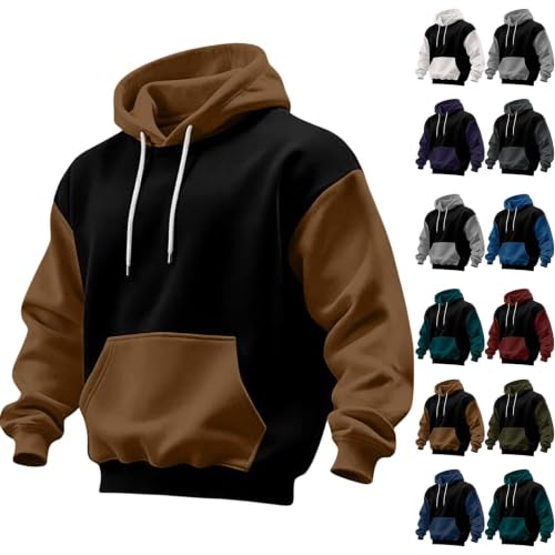 Hoodies for Men Color Block Long Sleeve Pullover Hoodie Casual Loose Warm Fall Sport Hooded Sweatshirt with Pocket Work Hoodies for Men Khaki Large