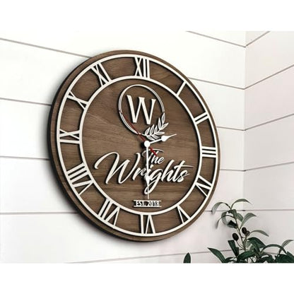 Personalized Vintage Wooden Texture Wall Clock- Custom Name Letter Round Clock, Customized Family Clock for Kitchen Living Room Bathroom Christmas Housewarming Gifts (Custom text clock) (Wall Clock A)