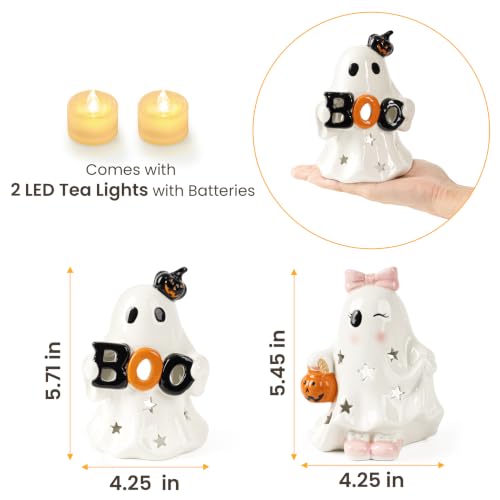AELS Ceramic Ghost Candle Holder Set of 2, Cute Boo Ghost Tea Light Holders with Pumpkin, Spooky Tabletop Halloween Decorations for Home Party Decor, Figurines, White