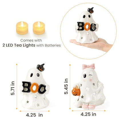 AELS Ceramic Ghost Candle Holder Set of 2, Cute Boo Ghost Tea Light Holders with Pumpkin, Spooky Tabletop Halloween Decorations for Home Party Decor, Figurines, White